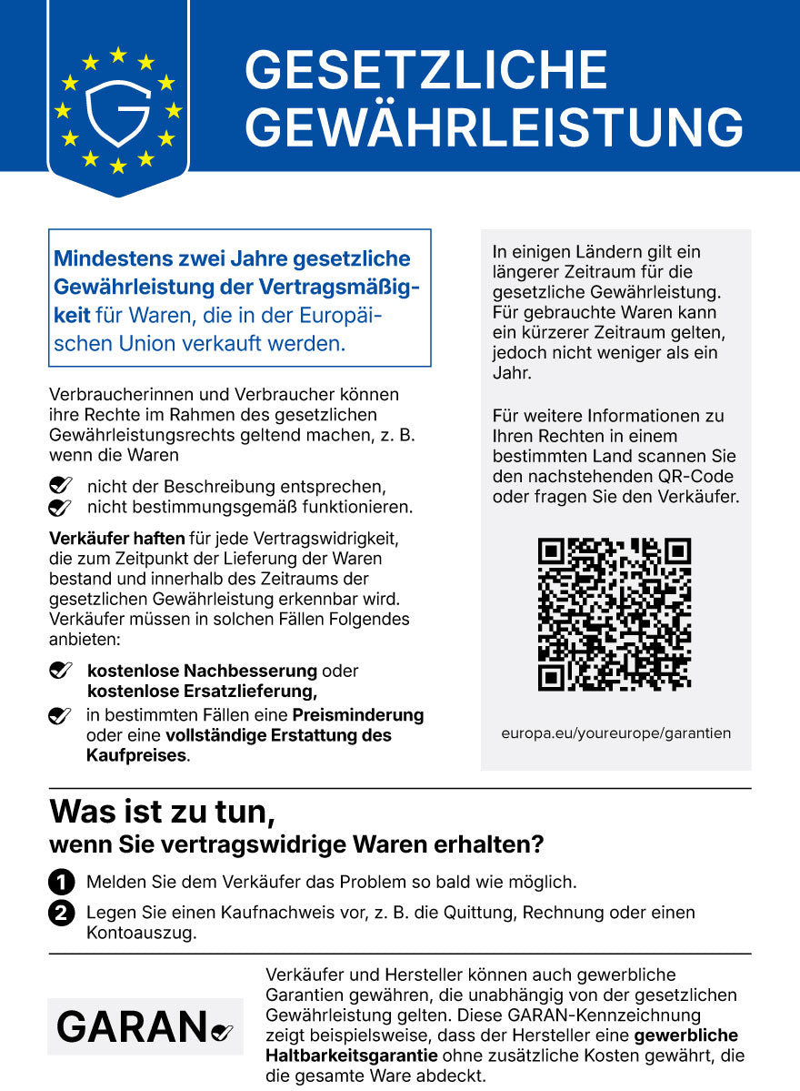 Mitteilung der EU zur gesetzlichen Gewährleistung: mindestens zwei Jahre Gewährleistung für Waren, die in der Europäischen Union verkauft werden.